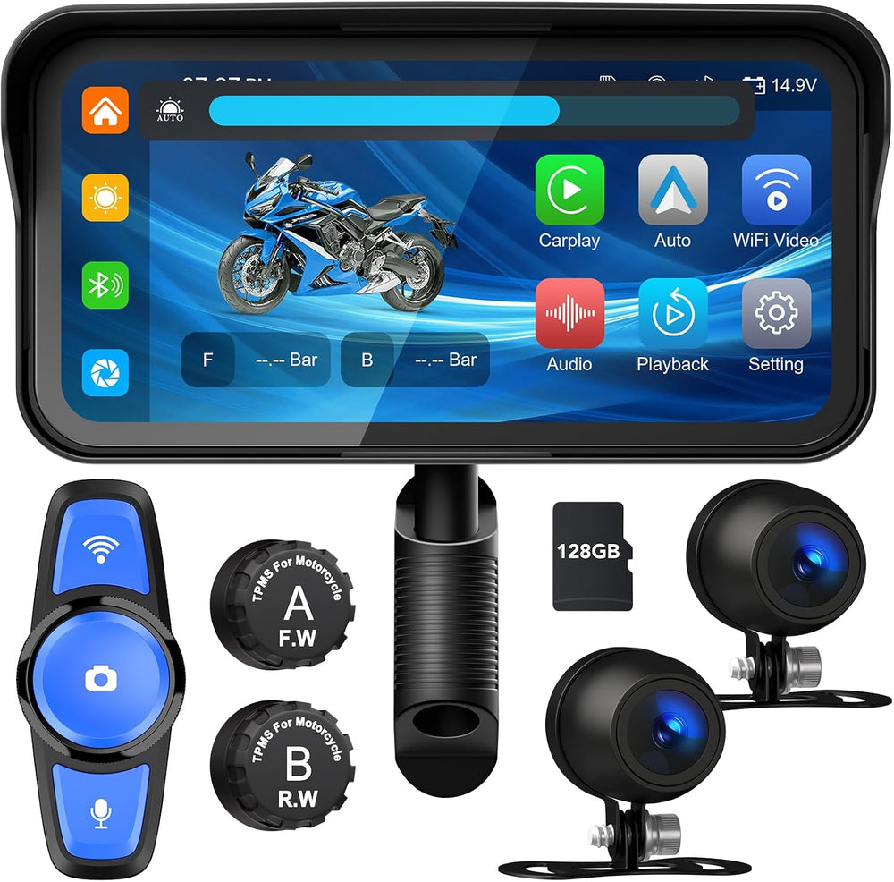 6.25" Motorcycle Carplay (Includes 128G SD) with Dash Cam, TPMS, Wireles...