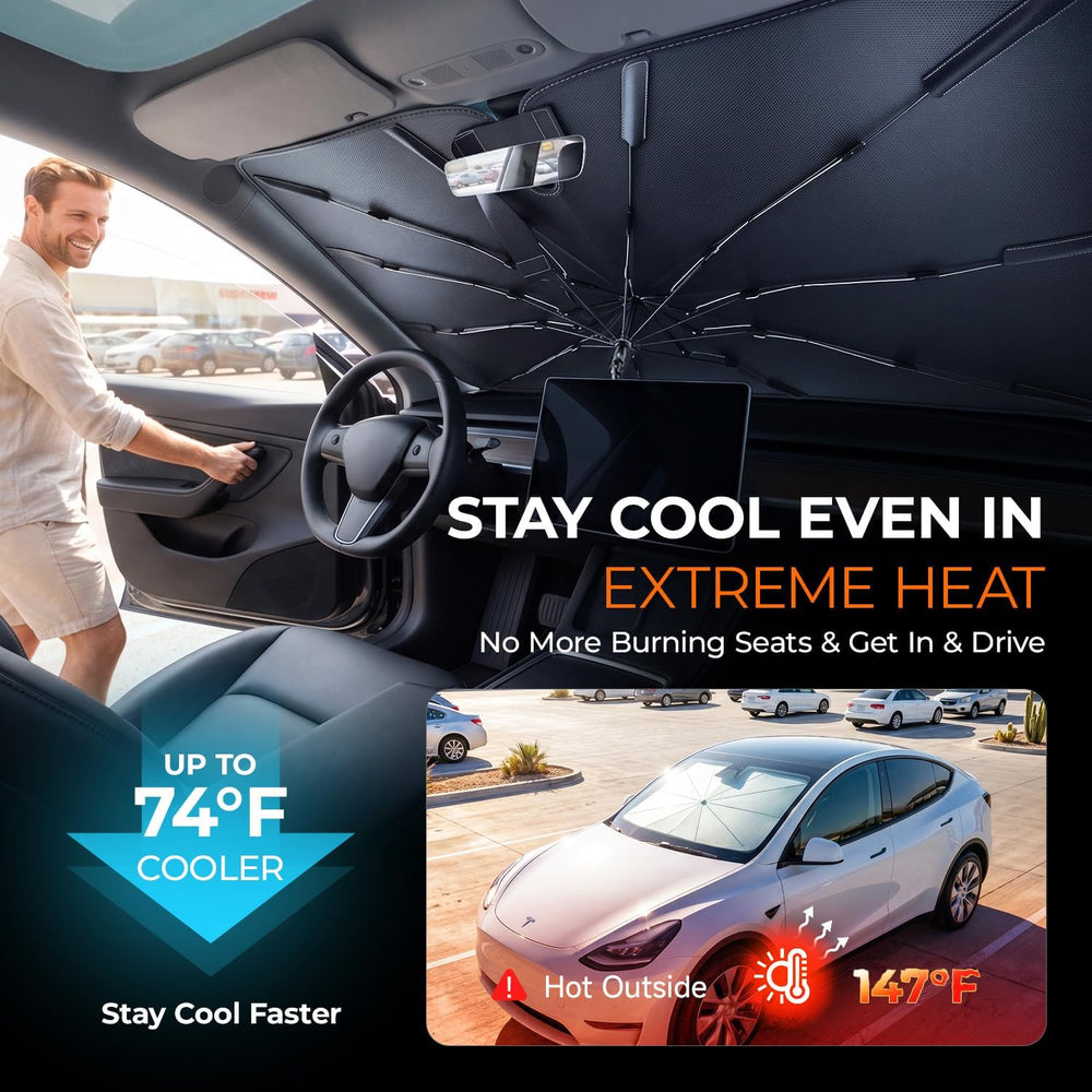 [2026 Upgraded] DooGooCoo Windshield Sun Shade Umbrella for Tesla Model Y, Mo...