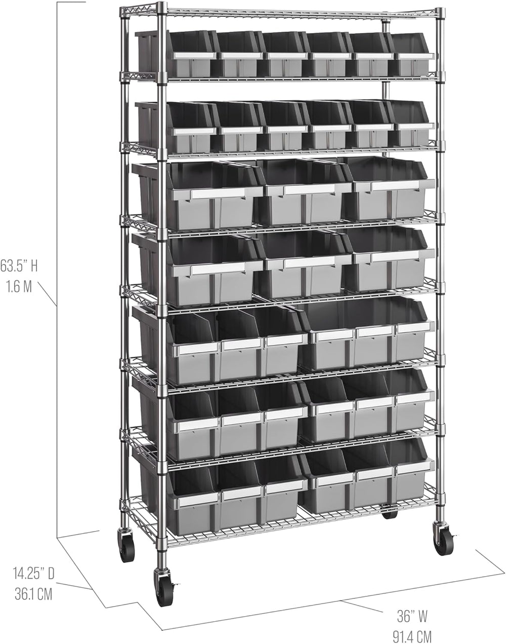 8-Tier NSF 24-Bin Steel Wire Shelving Rack, 36"W x 14.25"D x 63.5&q...