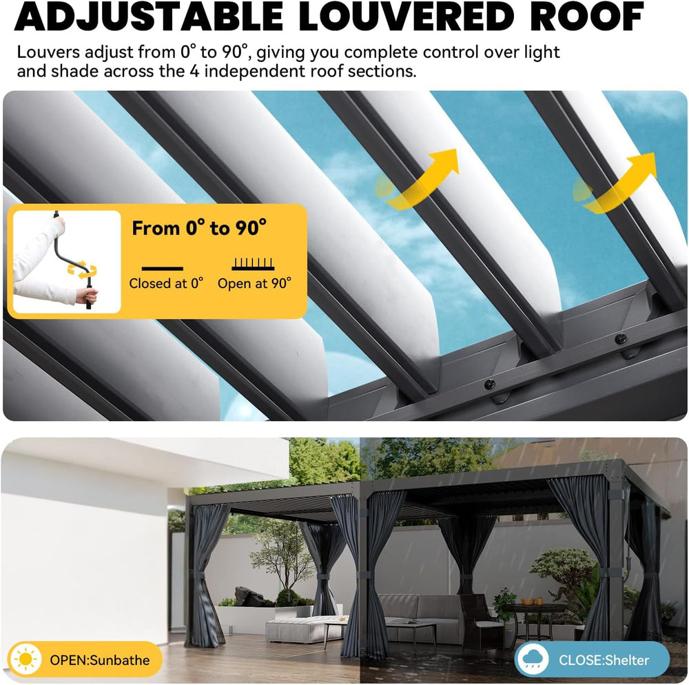 10x20 Louvered Pergola Adjustable Roof w/Curtains & Mesh