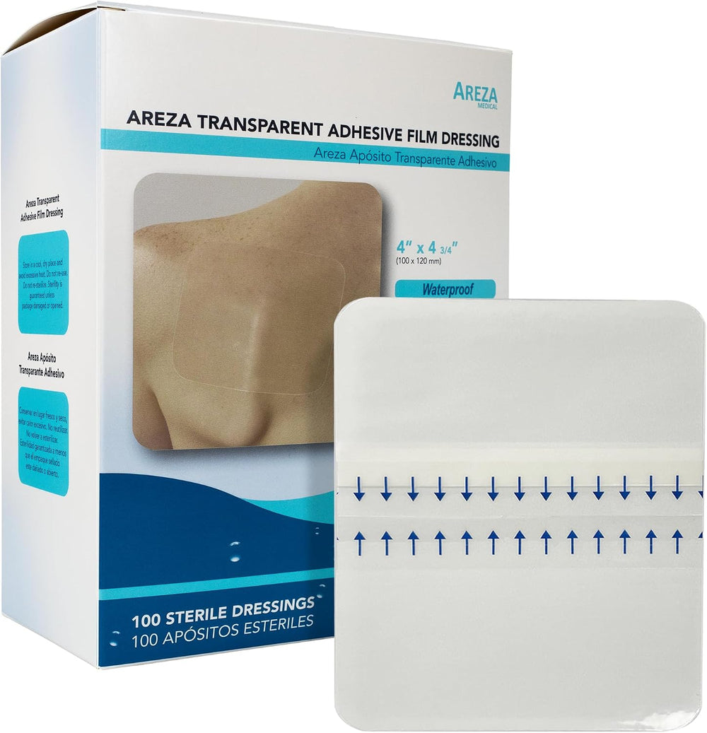 Areza Transparent Adhesive Film Dressing, 4" x 4.37”, 100 Packs, Waterpr...