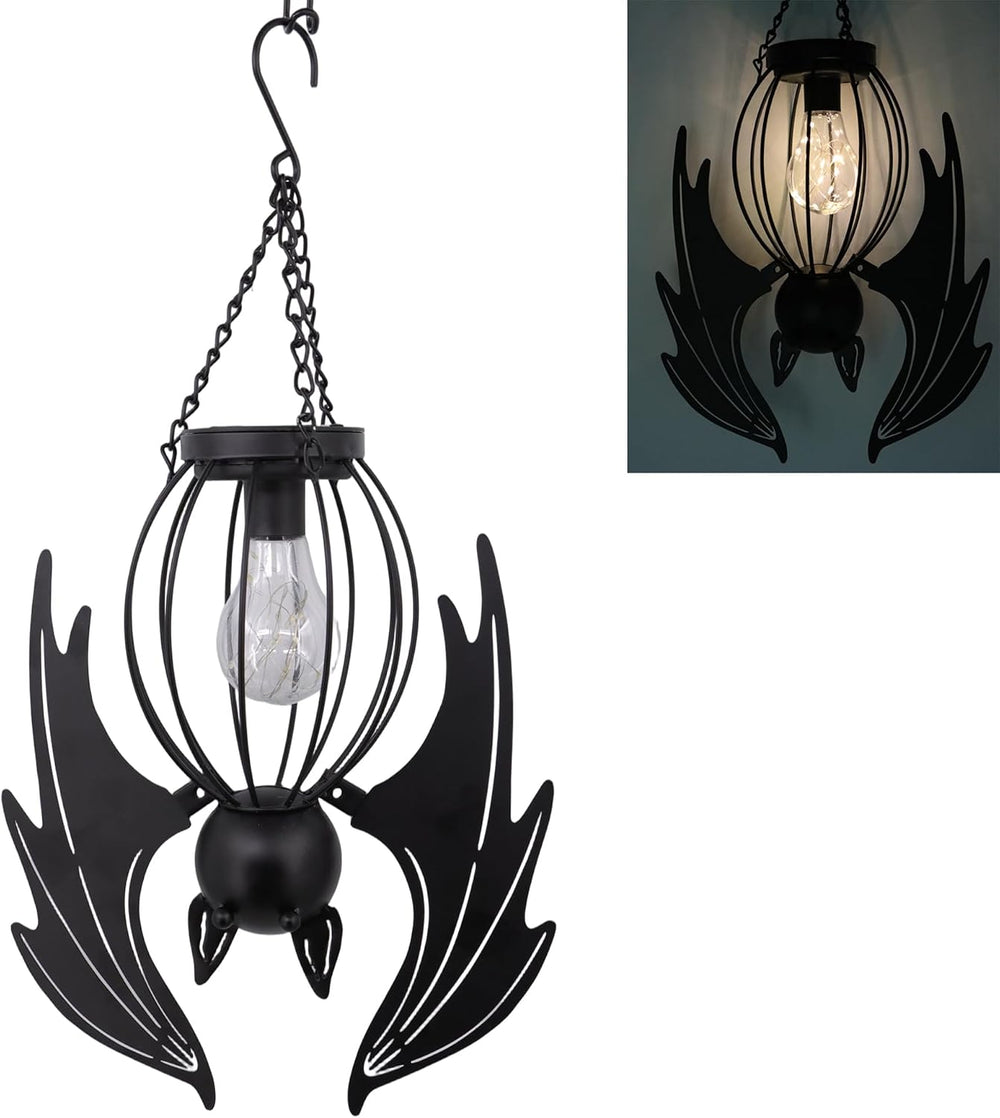 Halloween Bat Lantern 19.5in Iron Upside-Down Hanging Solar Light
