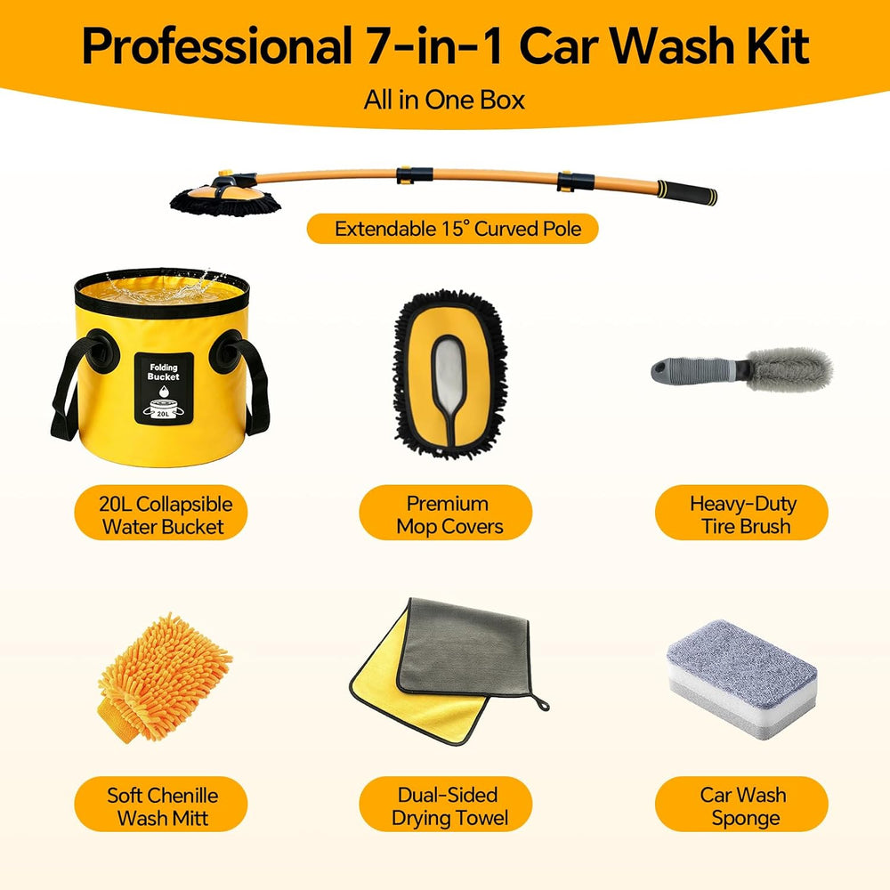 7-in-1 Car Wash Kit with 20L Collapsible Bucket & Brush – Car Wash Mop wi...