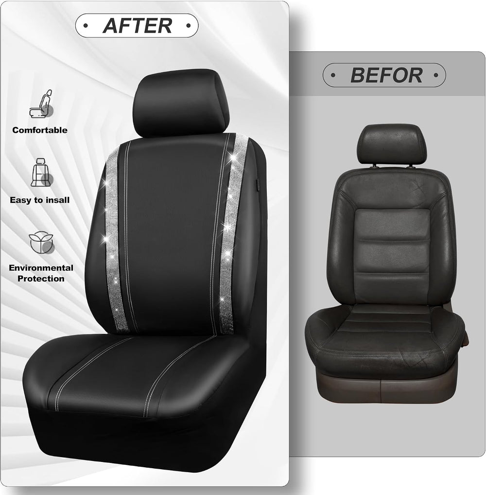 CAR PASS Leather Bling Diamond Car Seat Cover 2 Front Interior Sets, Waterpro...