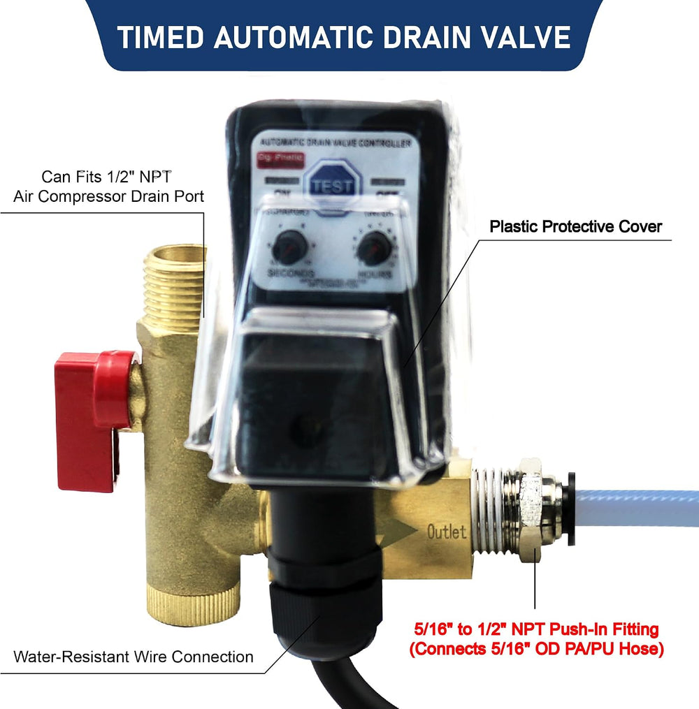 Compressor auto drain timer valve, 1/4, 3/8, 1/2 air tank outlet compatible