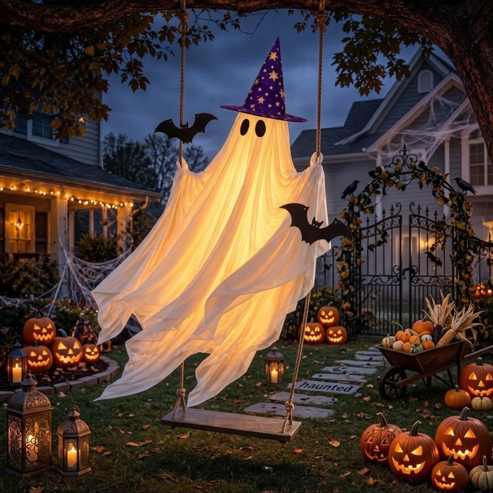 Halloween Swinging Ghost, Lighted Hanging Ghost Decor for Outdoor Porch