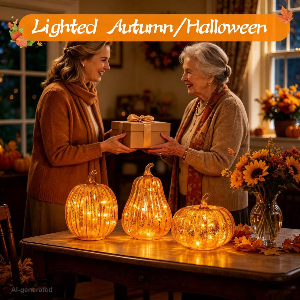 MUMTOP Mercury Glass Pumpkins Light 3PCS Halloween Fall Pumpkin Decor
