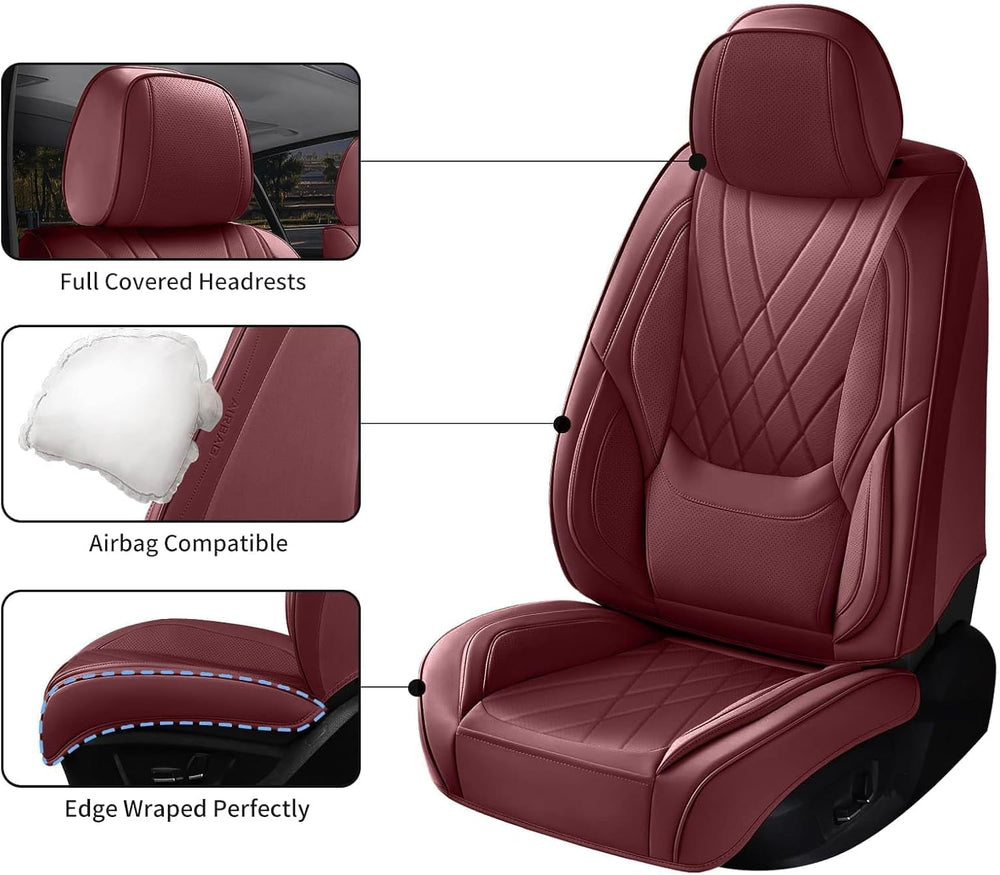 Leather Car Seat Covers Full Set Women Luxury Burgundy Non-Slip Seat Covers
