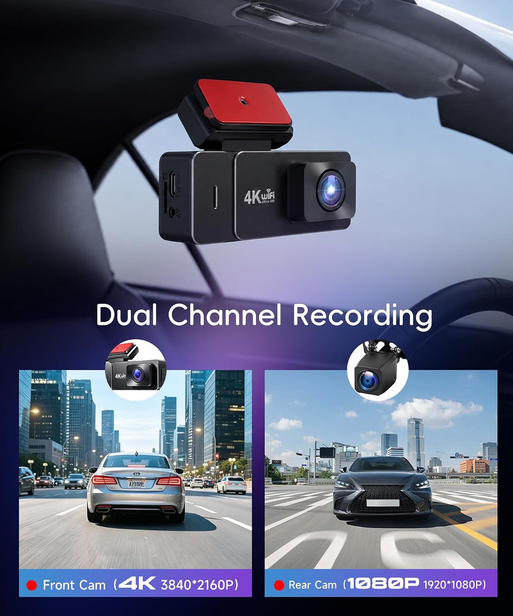 4K Dash Cam Dual Channel Front and Rear, Night Vision, 5GHz WiFi, 64GB Card