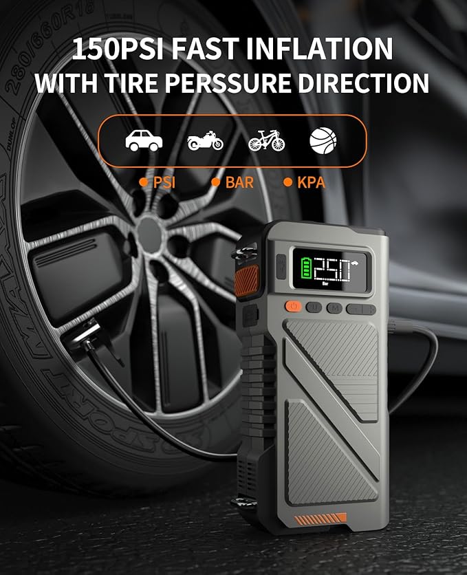 Portable Car Jump Starter with Air Compressor, 8000A Jump Box Combo 150PSI Tire