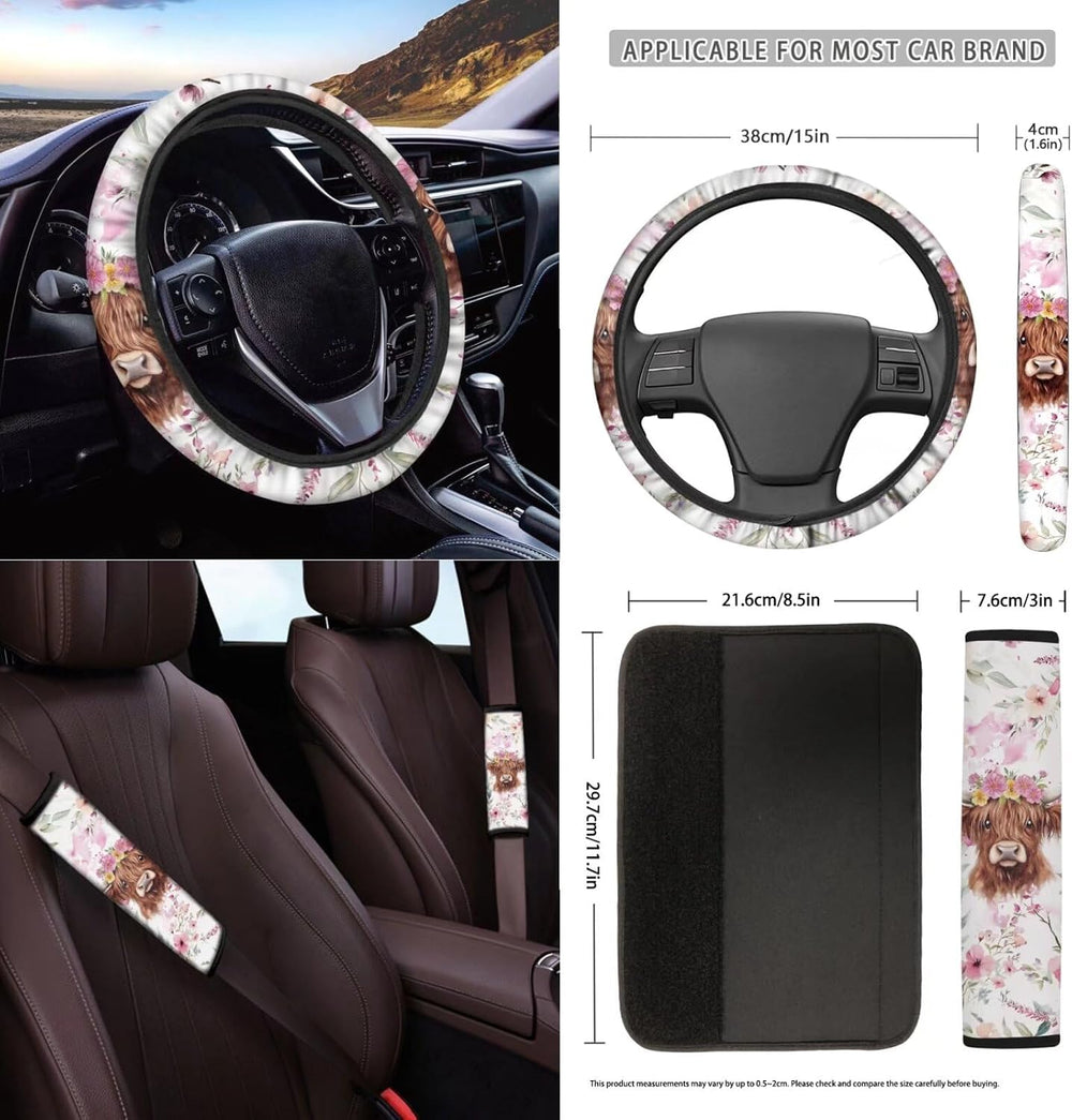 Wanyint Highland Cow Flower Pink Front Car Seat Cover Full Set with Steering ...