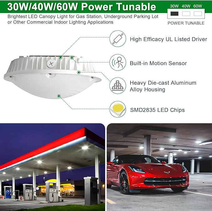 OSTEK LED Garage Light 30W/40W/60W LED Carport Canopy Lights 5000K 90-277V IP65