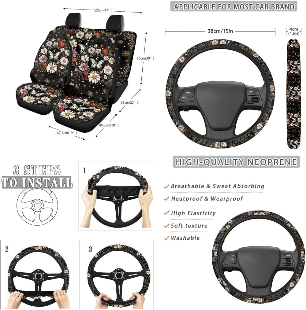 Suobstales Butterfly Daisy Moon Print Car Accessories Auto Seat Covers Full S...