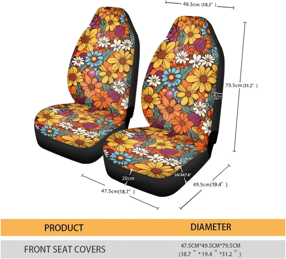 Hippie Flower Orange 2 Pcs Car Seat Covers Front Seats Only Elastic Cushion P...