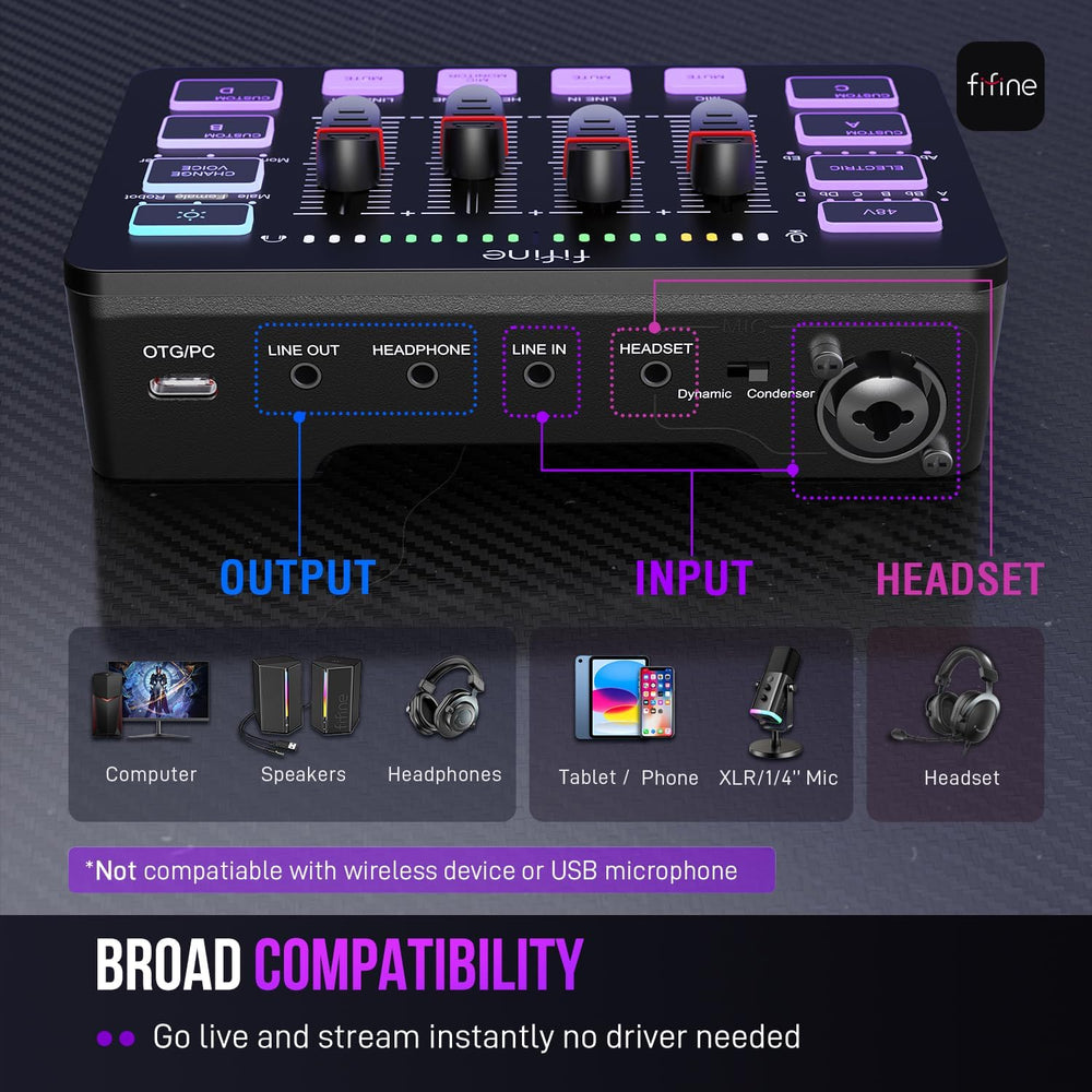 FIFINE Ampligame SC3 Gaming Audio Mixer with Indi-Fader and Volume Control