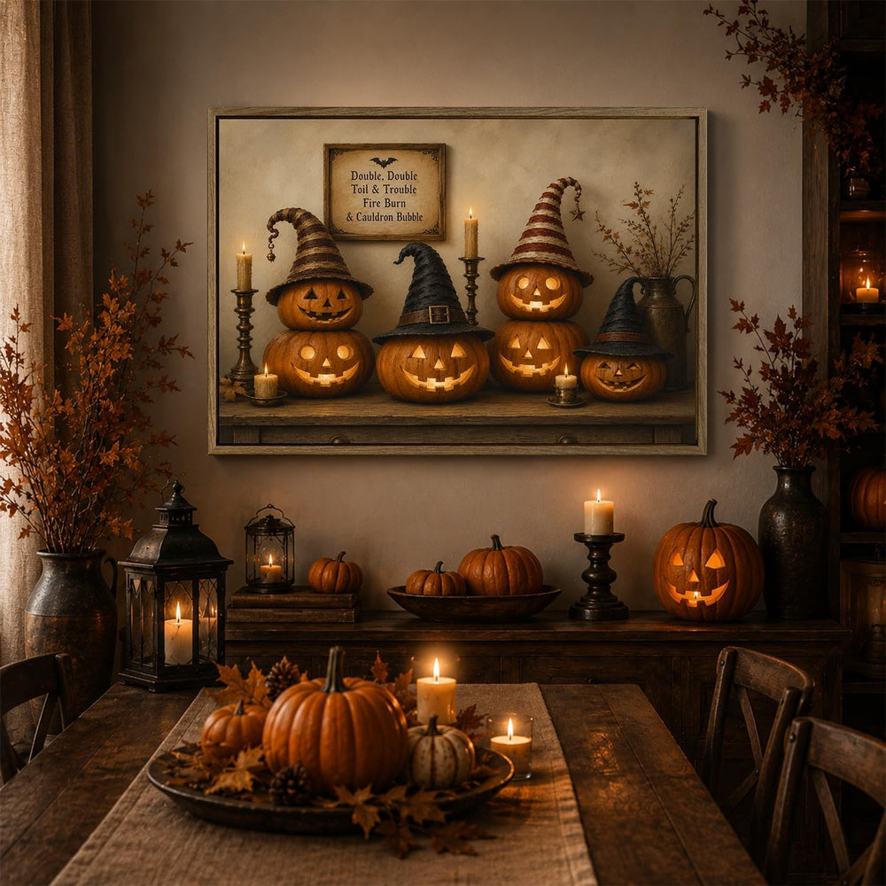 Halloween Framed Canvas Wall Art, Pumpkin and Witch Hats Halloween Pictures
