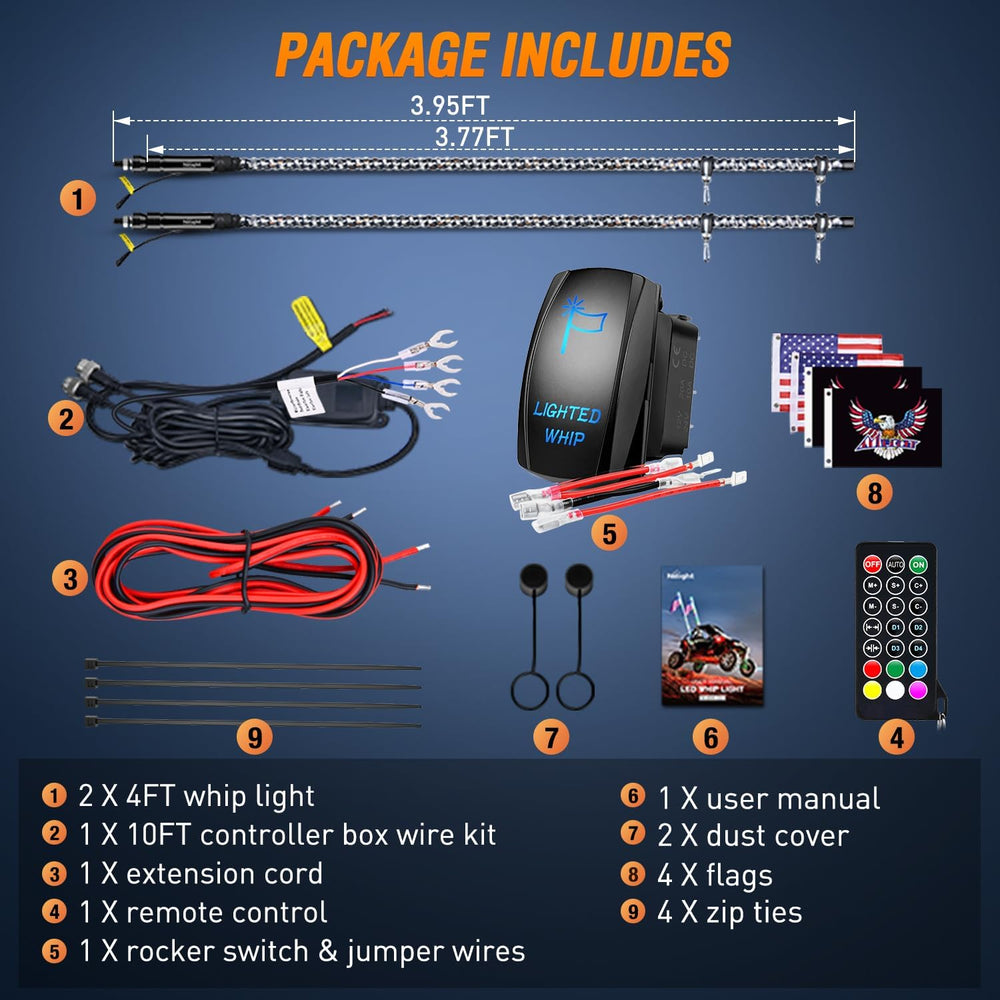 Nilight 2PCS 4FT RGB LED Whip Lights APP & Remote Control, DIY Lighted Whip