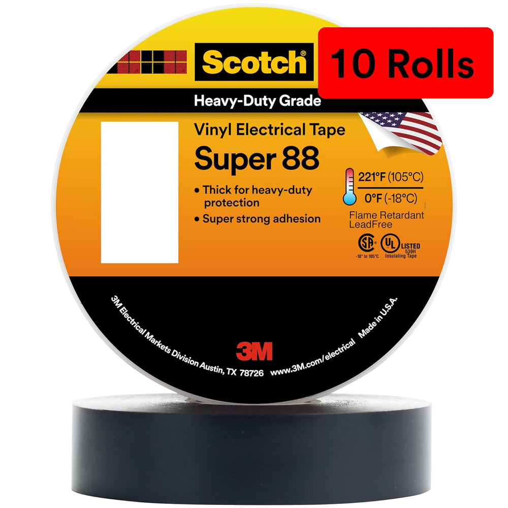 3M Scotch Vinyl Electrical Tape Super 88, 3/4 in x 44 ft, Black, 10 Rolls, Pr...