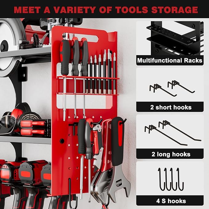 64" Power Tool Organizer Wall Mount, 16 Slots, 3-Tier Drill & Cordle...