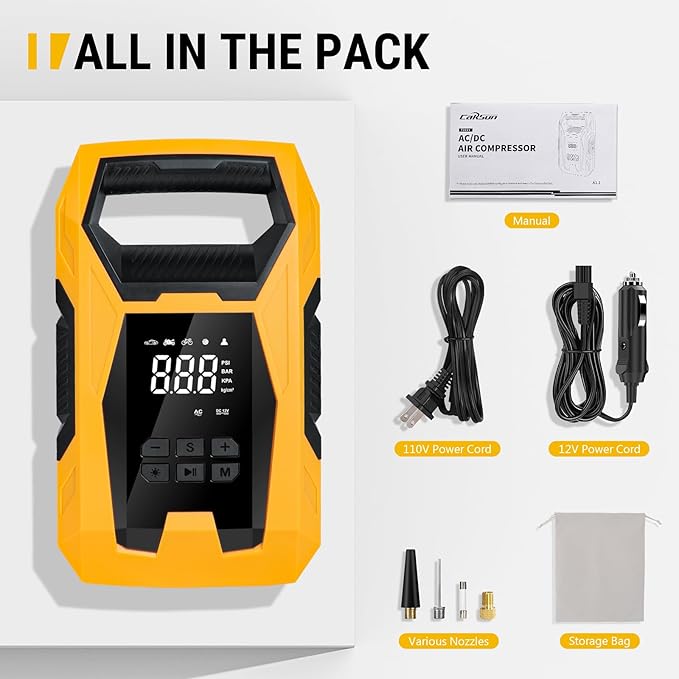 CARSUN AC/DC Tire Inflator Portable Air Compressor, Dual Power