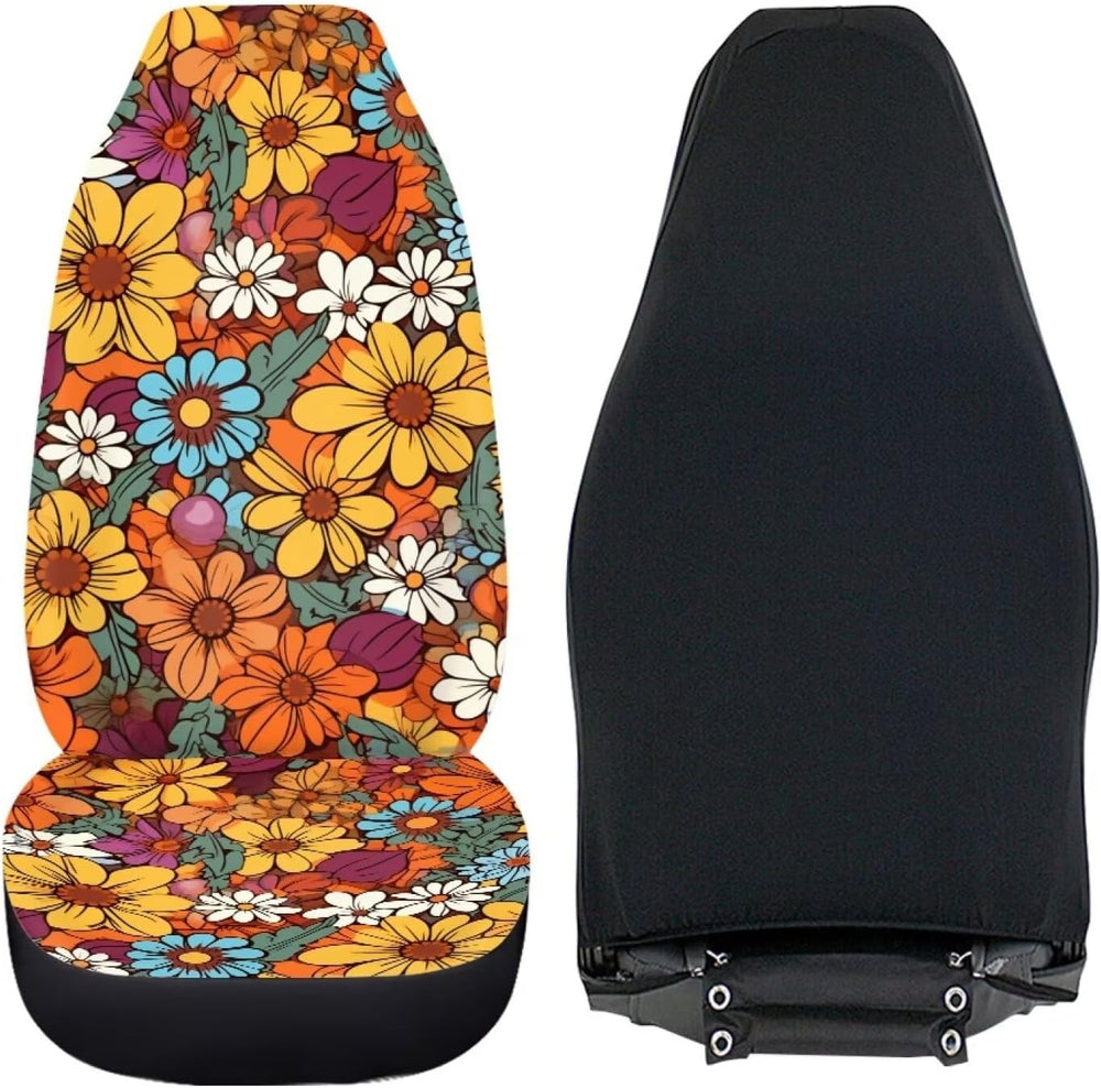 Hippie Flower Orange 2 Pcs Car Seat Covers Front Seats Only Elastic Cushion P...