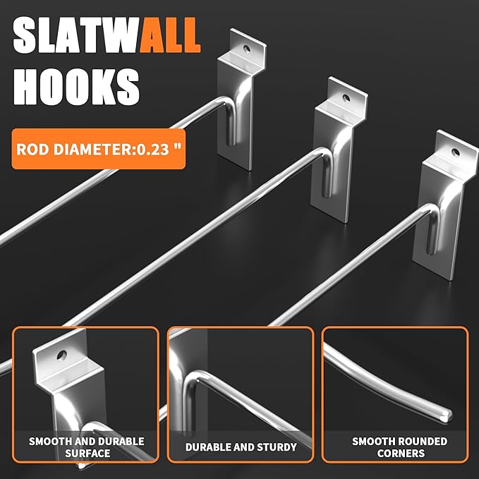 25 PK Silver 6 inch Wall Mounted Slatwall Hooks – Heavy-Duty Storage &
