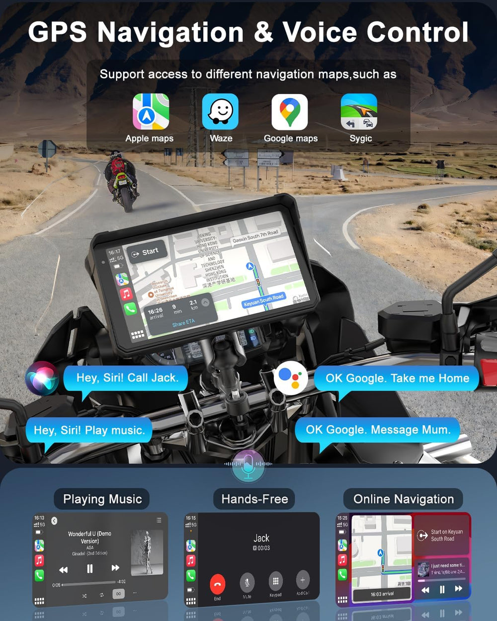 60Hz Motorcycle Carplay Screen, 2K 30FPS Motorcycle Dash Cam Front and Rear