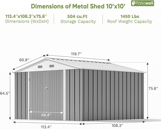 Patiowell 10' x 10' Metal Storage Shed