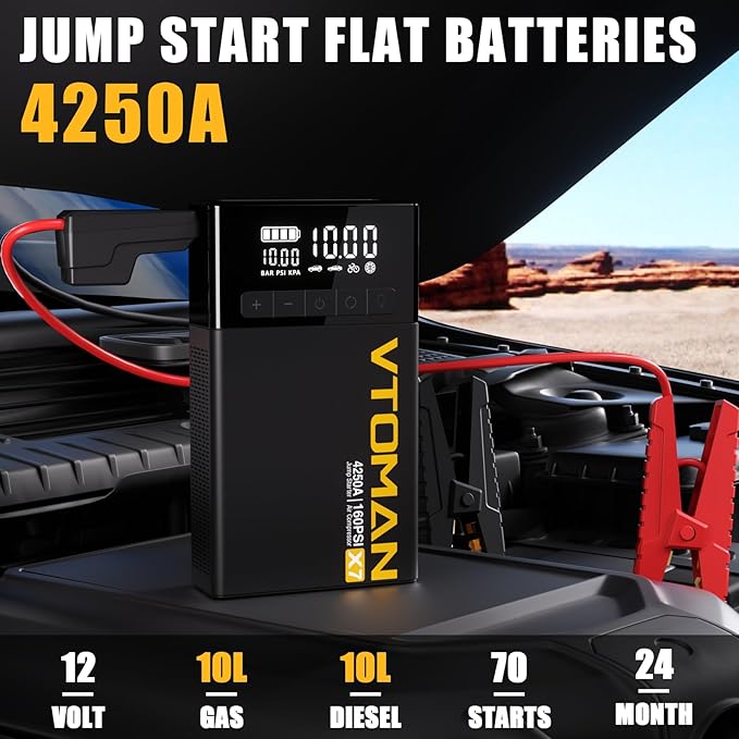 VTOMAN X7 Jump Starter with Air Compressor, 4250A Portable Car Jumper with