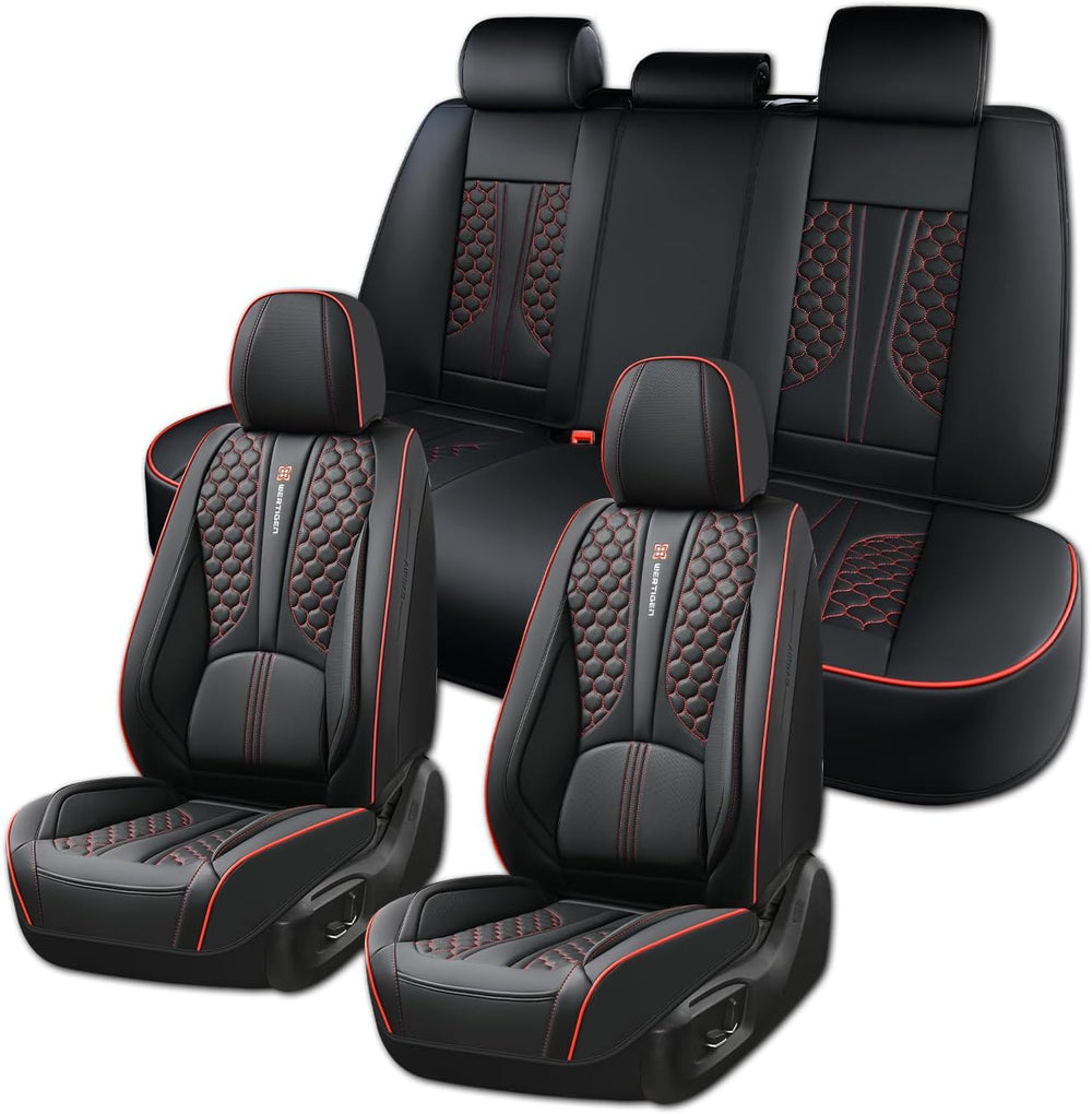 Black and Red Leather Car Seat Cover Set, with Lumbar Support