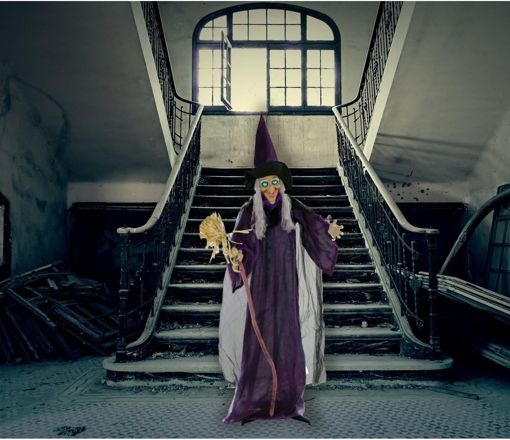 Haunted Hill Farm Life-Size Scary Talking Witch with Broomstick, Halloween An...