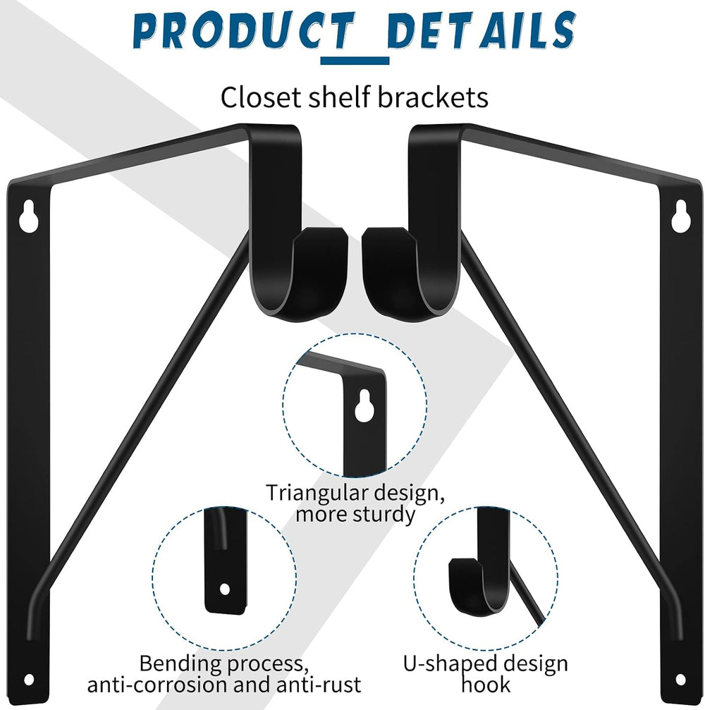 Nuogo 8 Pcs Heavy Duty Closet Rod Brackets Bulk, 11"x11", Black