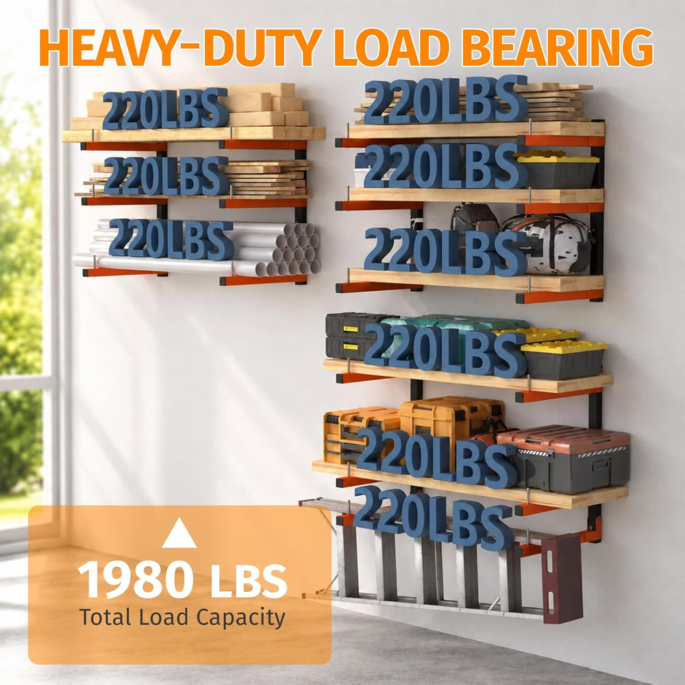 6 Pack Lumber Storage Rack Wall Mount, 1980LBS Heavy Duty Wood Rack- Orange