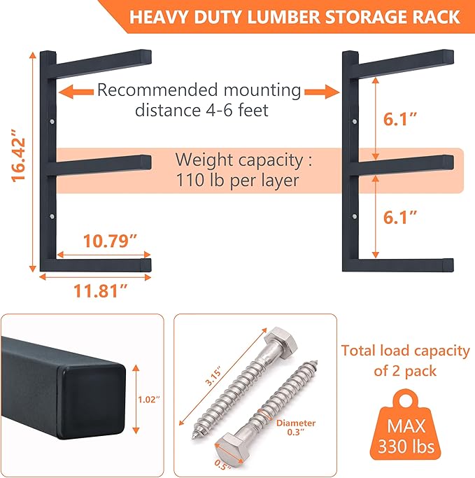 Wood Storage Racks with 3 Level, Garage Organizer Lumber Storage Rack Wall (4...