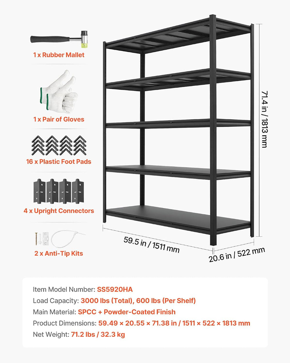 VEVOR Garage Shelving, 5-Tier Adjustable Storage Shelves, 3000 lbs Heavy Duty...