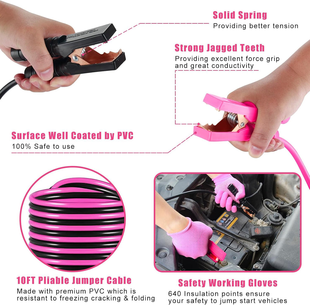 Car Emergency Kit, Pink Roadside Emergency Car Kit with Jumper Cables, Tow Ro...