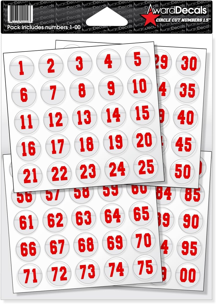 Number Stickers Red on Clear 1-100 1.5" Circle 20mil Vinyl Made in USA