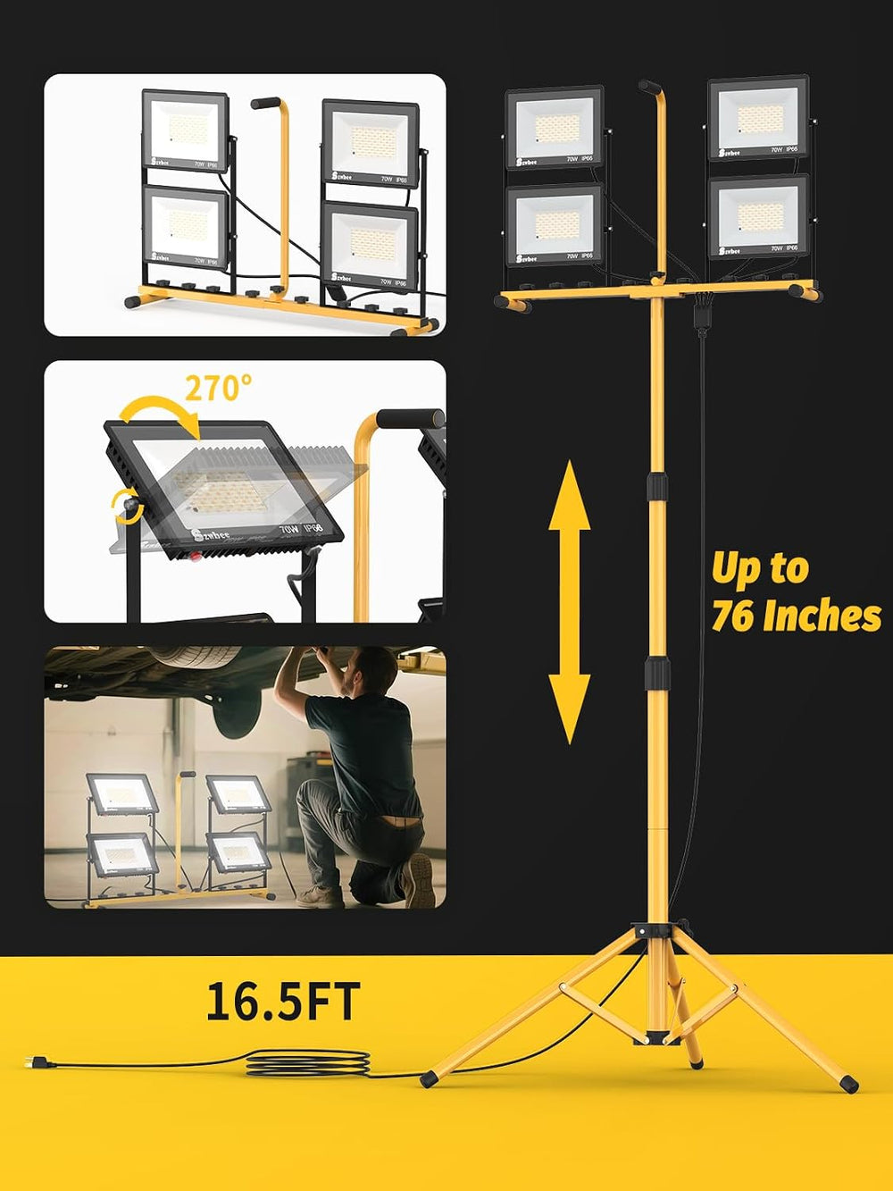 32000 Lumen LED Work Light with Stand, 4-Head Tripod, Remote Control