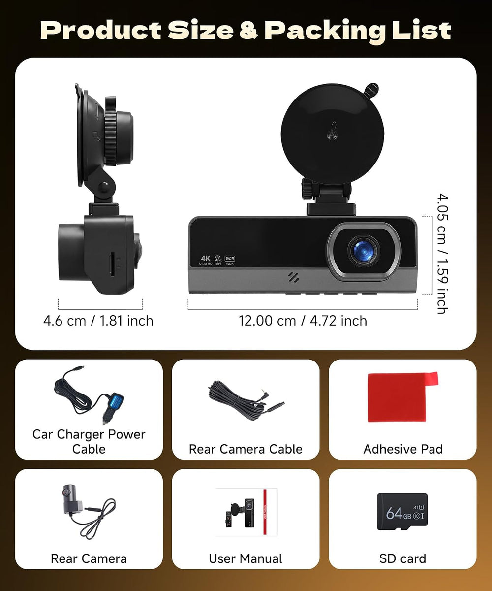4K Dash Cam Front Rear and Inside, 3 Channel with 5.8GHz WiFi, 64GB Card