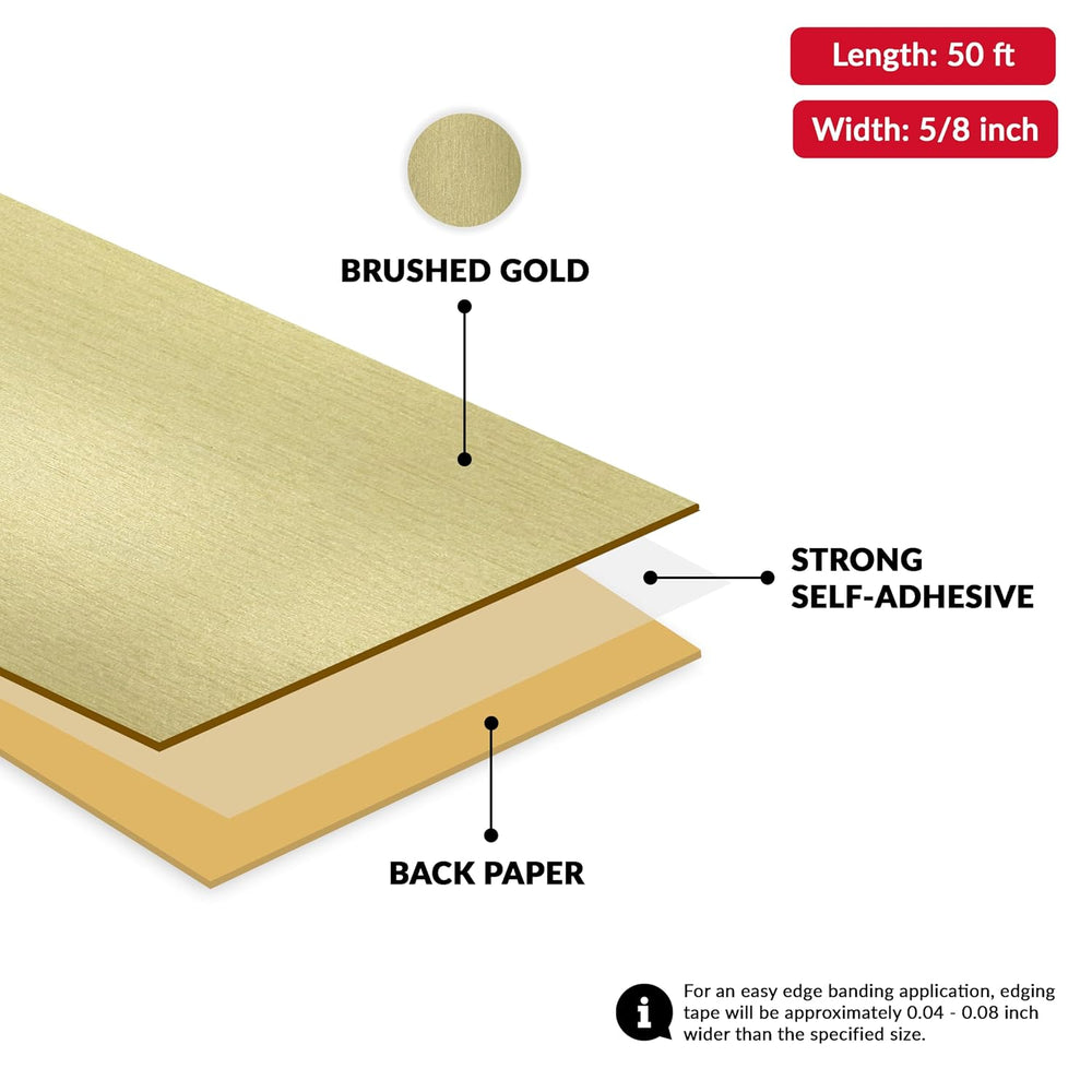 Brushed Gold PVC 5/8 inch x 50 ft Edge Banding Peel Stick Tape Adhesive Metal...