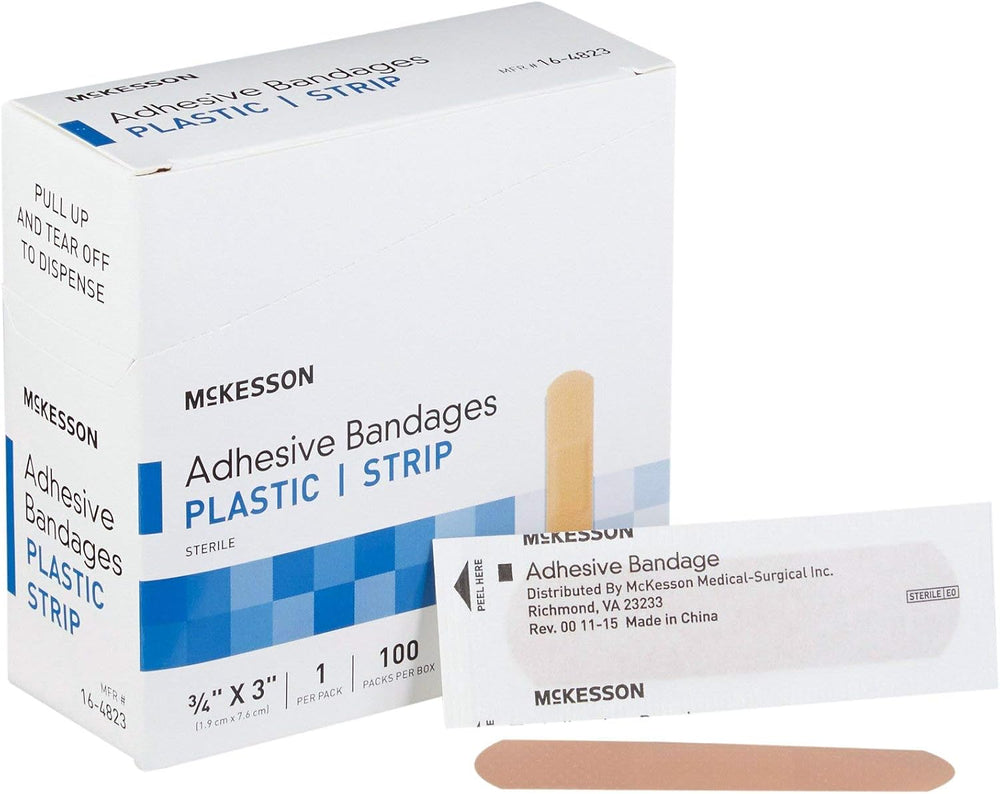 McKesson Adhesive Bandages, Sterile, Plastic, Tan, 3/4 x 3 in, 100 ct