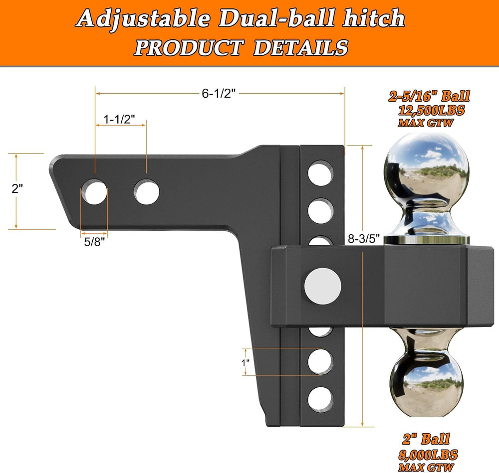 Adjustable Trailer Hitch - Fits 2 Inch Receiver Only, 6 Inch Drop/Rise Alumin...