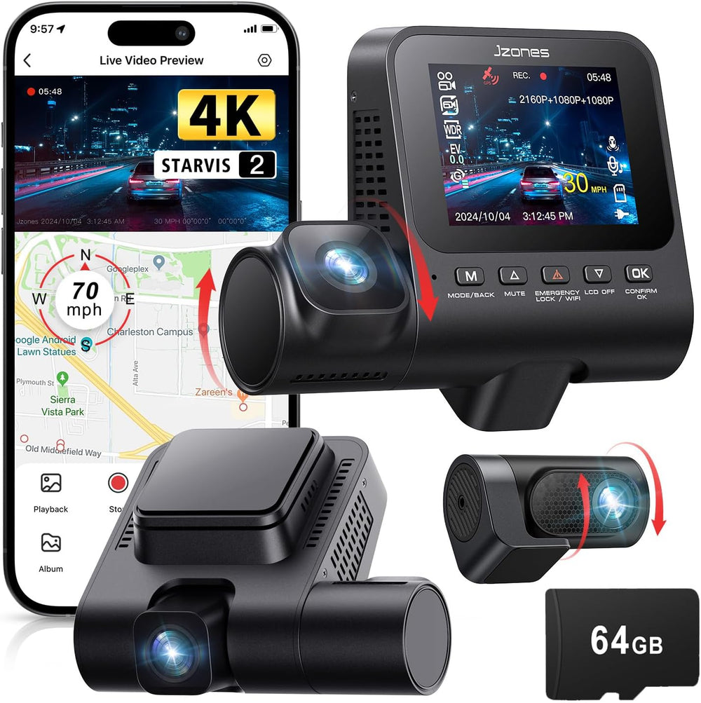 Jzones 4K 3-Channel Dash Cam Front and Rear with Cabin, STARVIS 2 Sensor, Das...