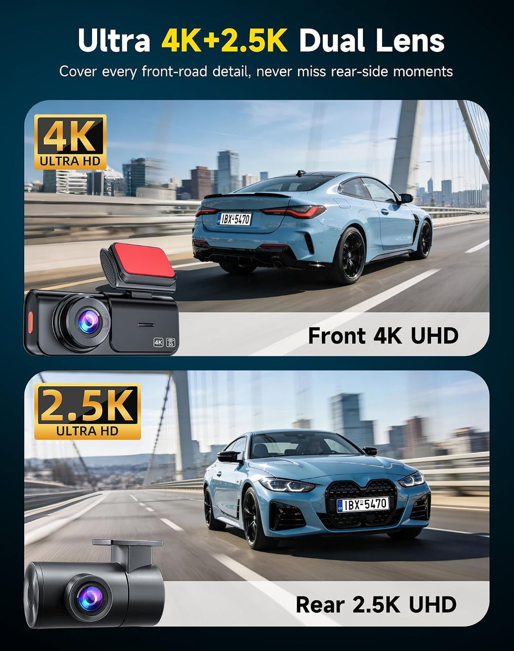 Dash Cam Front and Rear: 4K+2.5K Dual Dash Camera for Cars (V3)