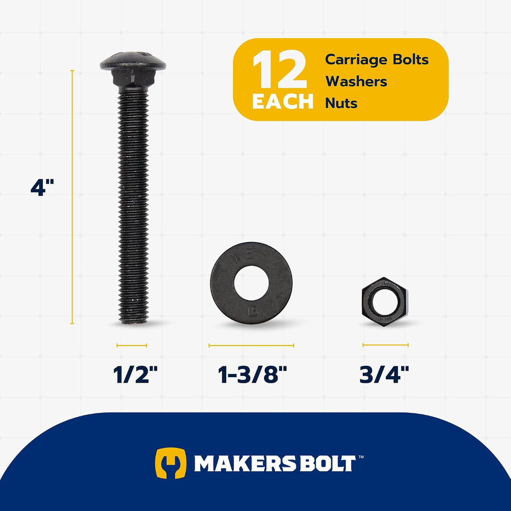 1/2 in. x 4 in. Black Carriage Bolt Kit Includes 12 Bolts, 12 Washers, and 12...