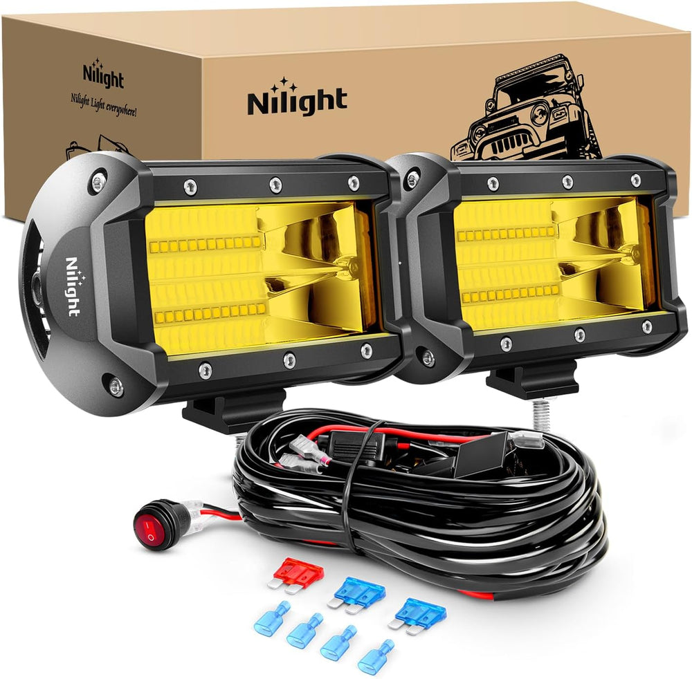 Nilight - ZH304 Led Light Bar 2PCS 5Inch 72W 10800Lumens Yellow Flood Beam Fo...