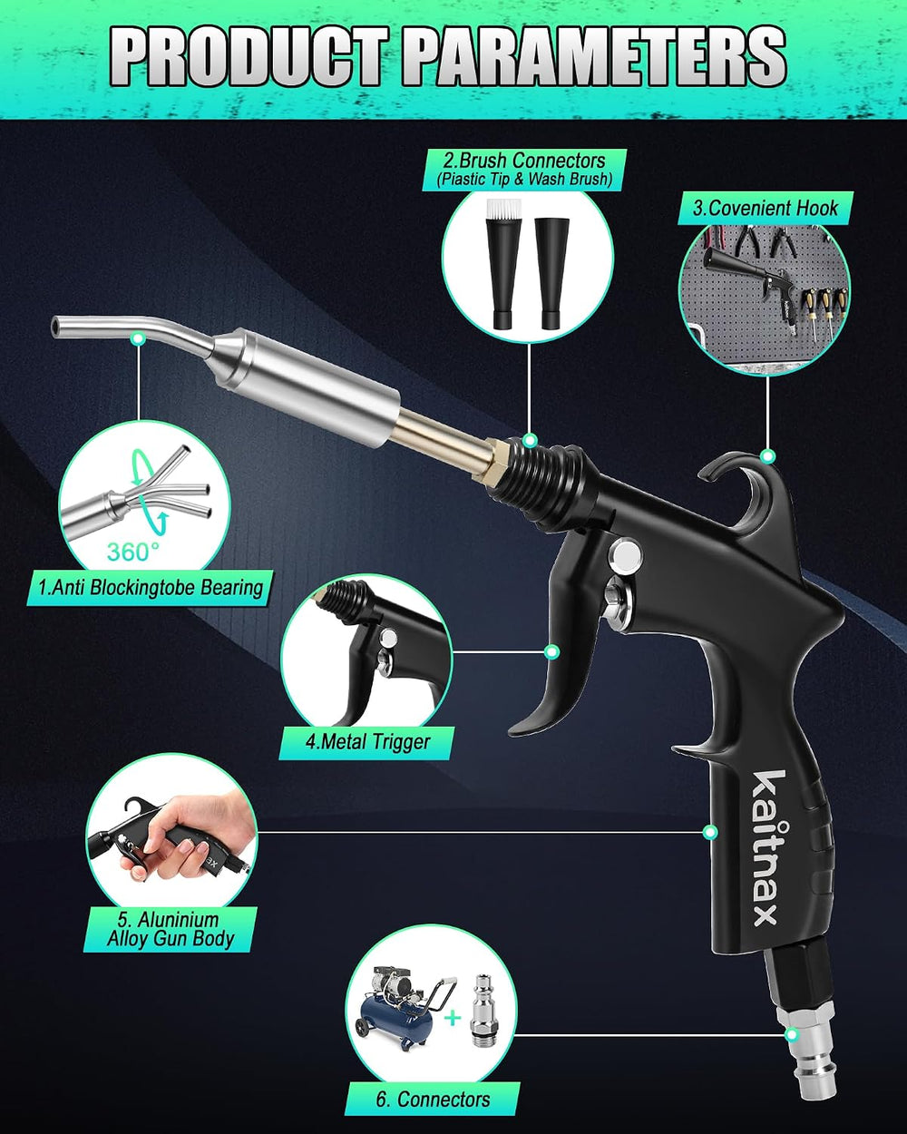 Kaitnax Car Cleaning Gun with 360° Nozzle & Dust Brush | High Pressure Ai...
