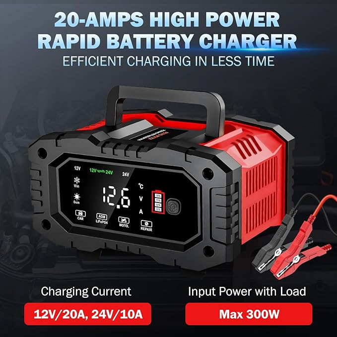 20-Amp Car Battery Charger, 12V/20A and 24V/10A LiFePO4, Lead-Acid Automatic