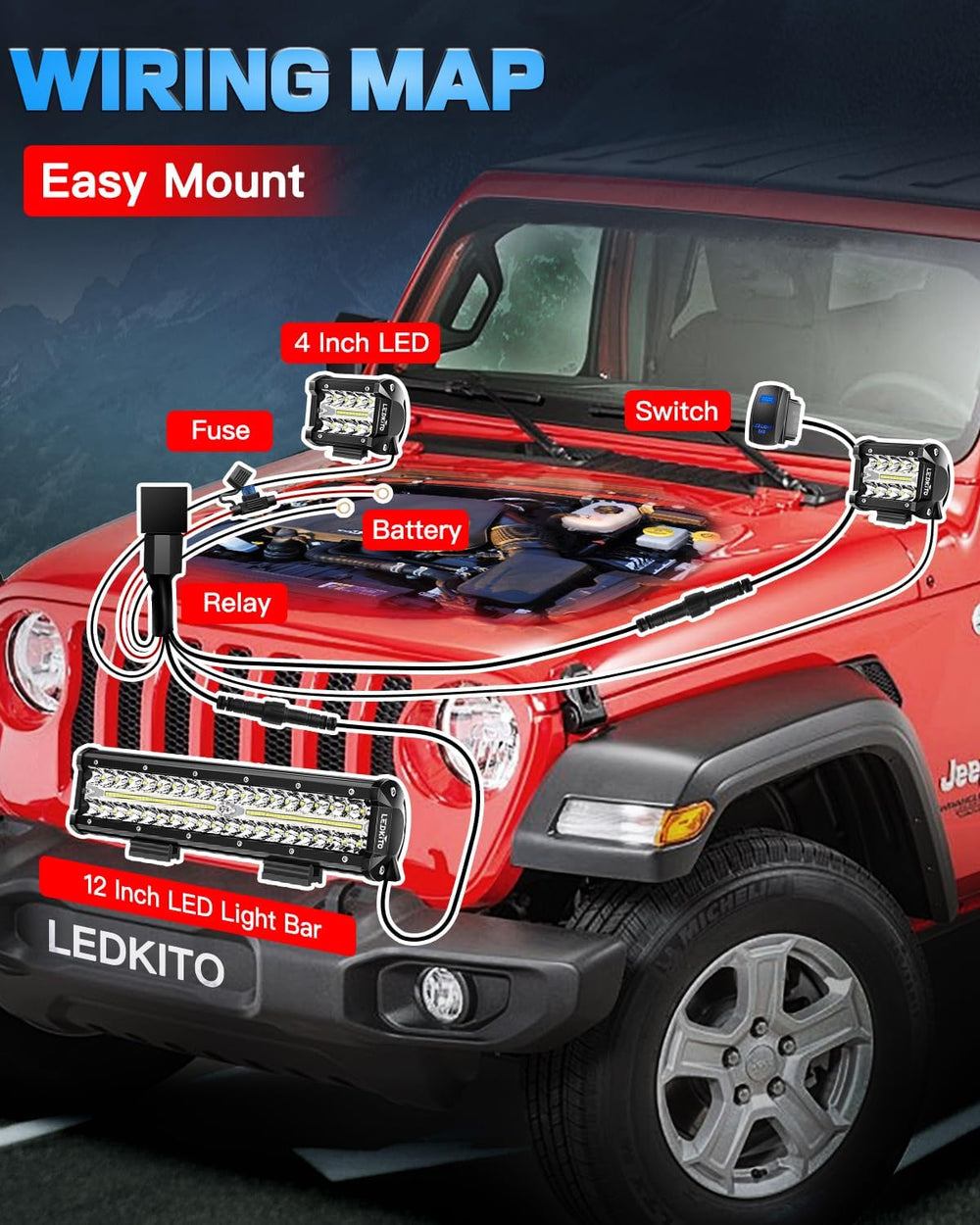 12Inch LED Light Bar and 4In LED Cube Pod Lights with Wire Harness