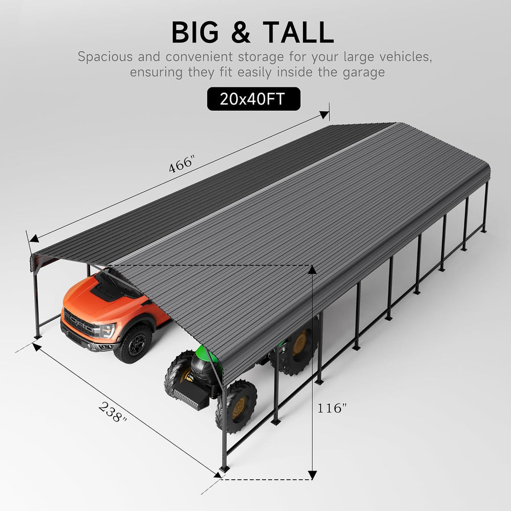 20x40 FT Metal Carport, Enhanced Base and Steel Roof for All-Weather Use, Out...